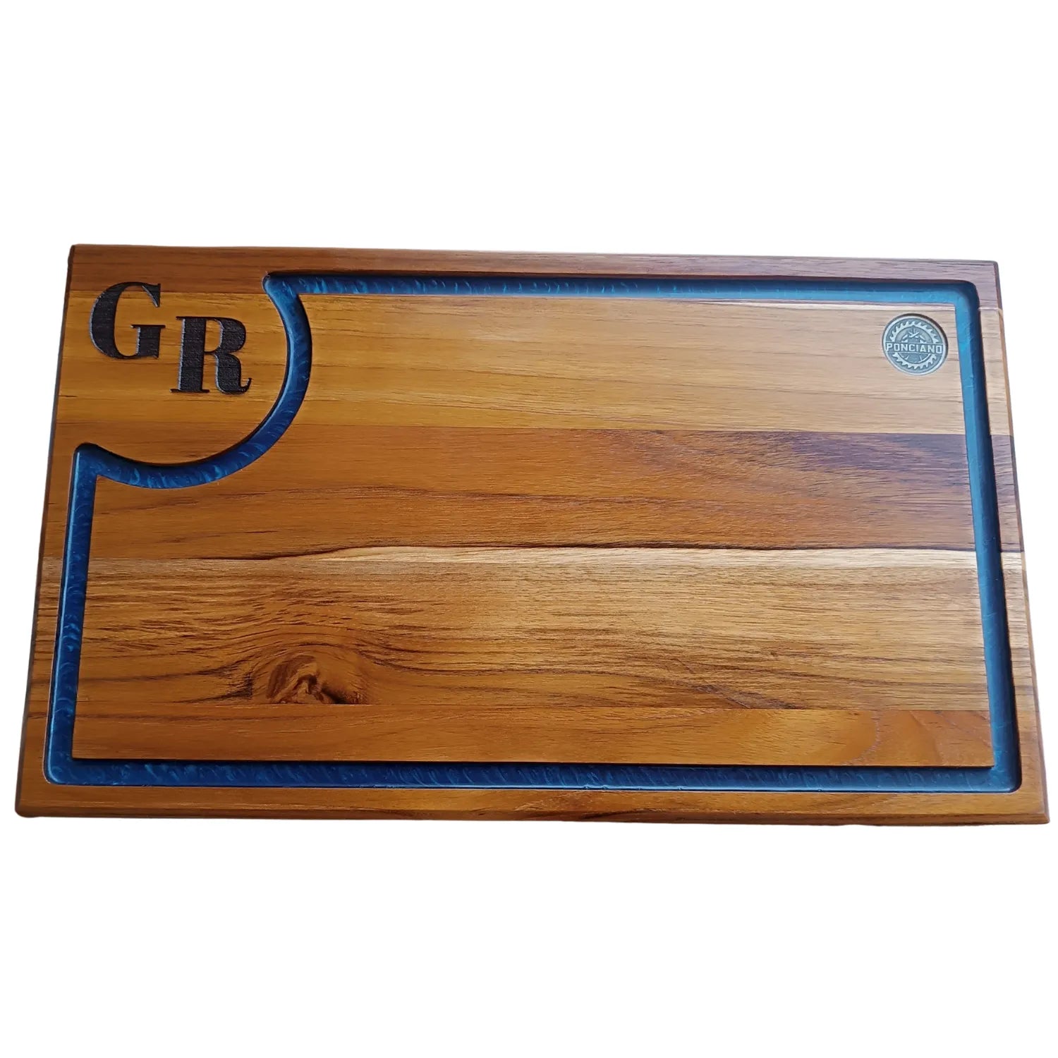 Tábua de churrasco estilo, iniciais personalizada, canaleta resinada, azul, pés de silicone, Teca, Ponciano.