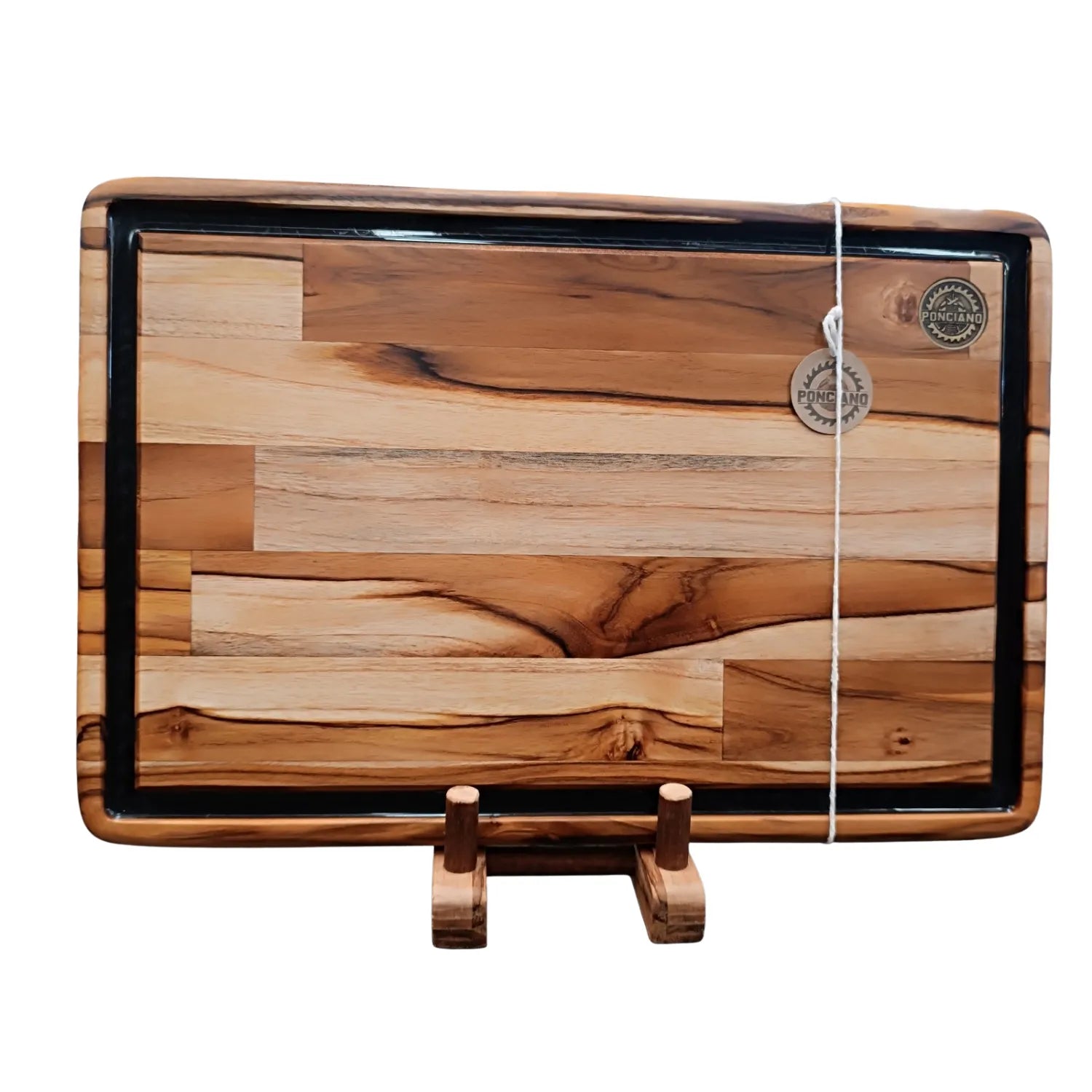 Tábua de churrasco Texas, canaleta resina preta, pés de silicone, Teca, Ponciano.