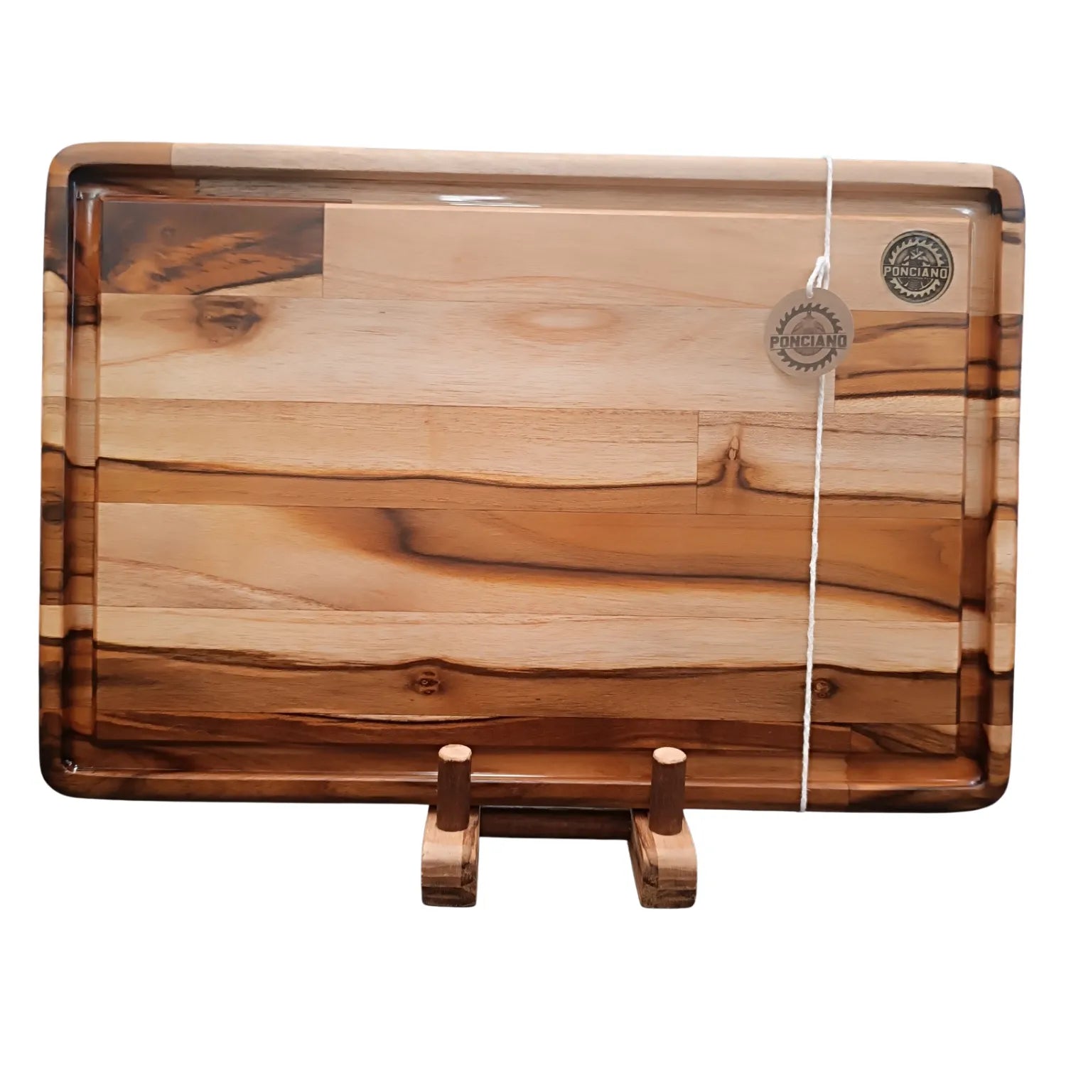 Tábua de churrasco Texas, canaleta resina transparente, pés de silicone, Teca, Ponciano.
