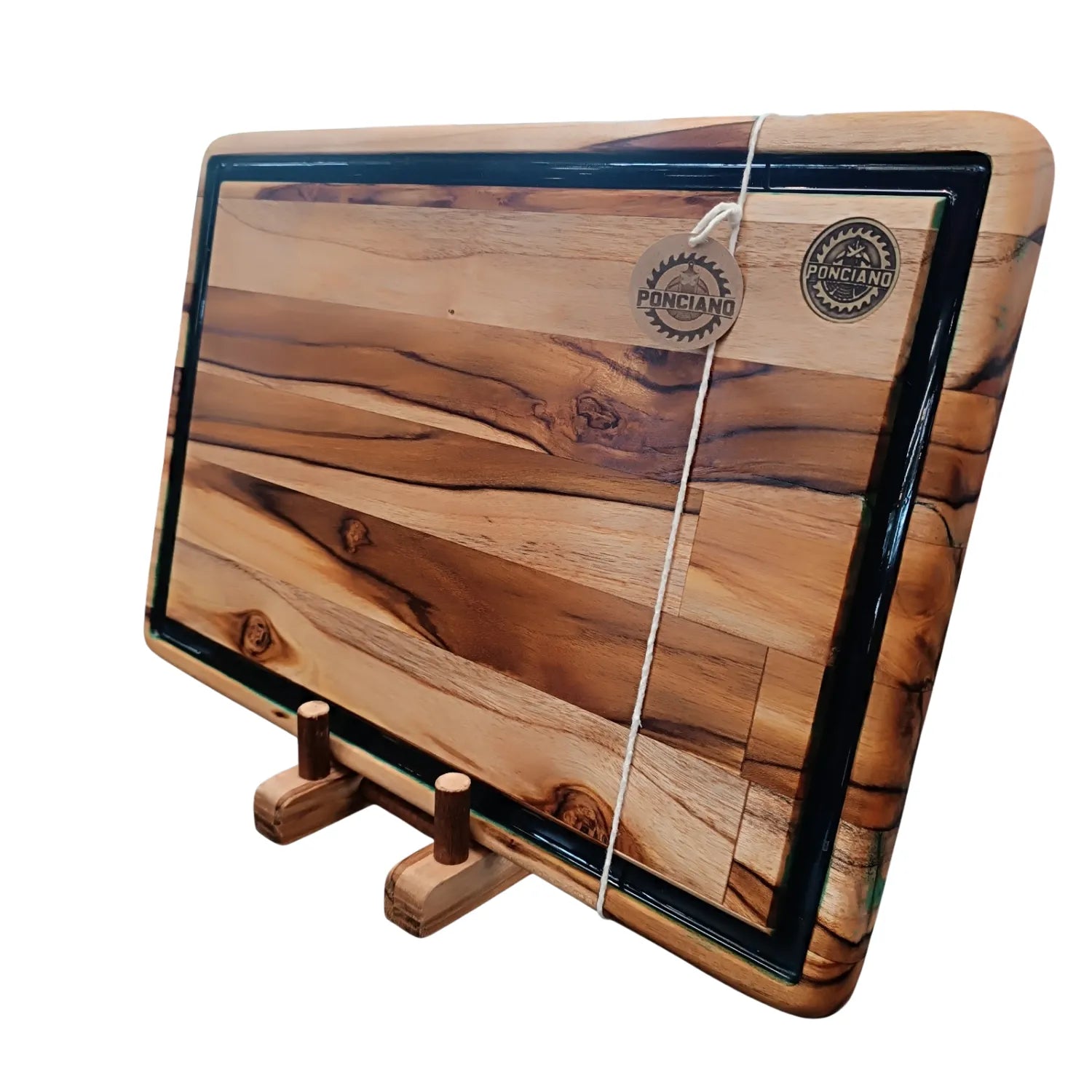 Tábua de churrasco Texas, perfil lateral, canaleta resina preta, pés de silicone, Teca, Ponciano.