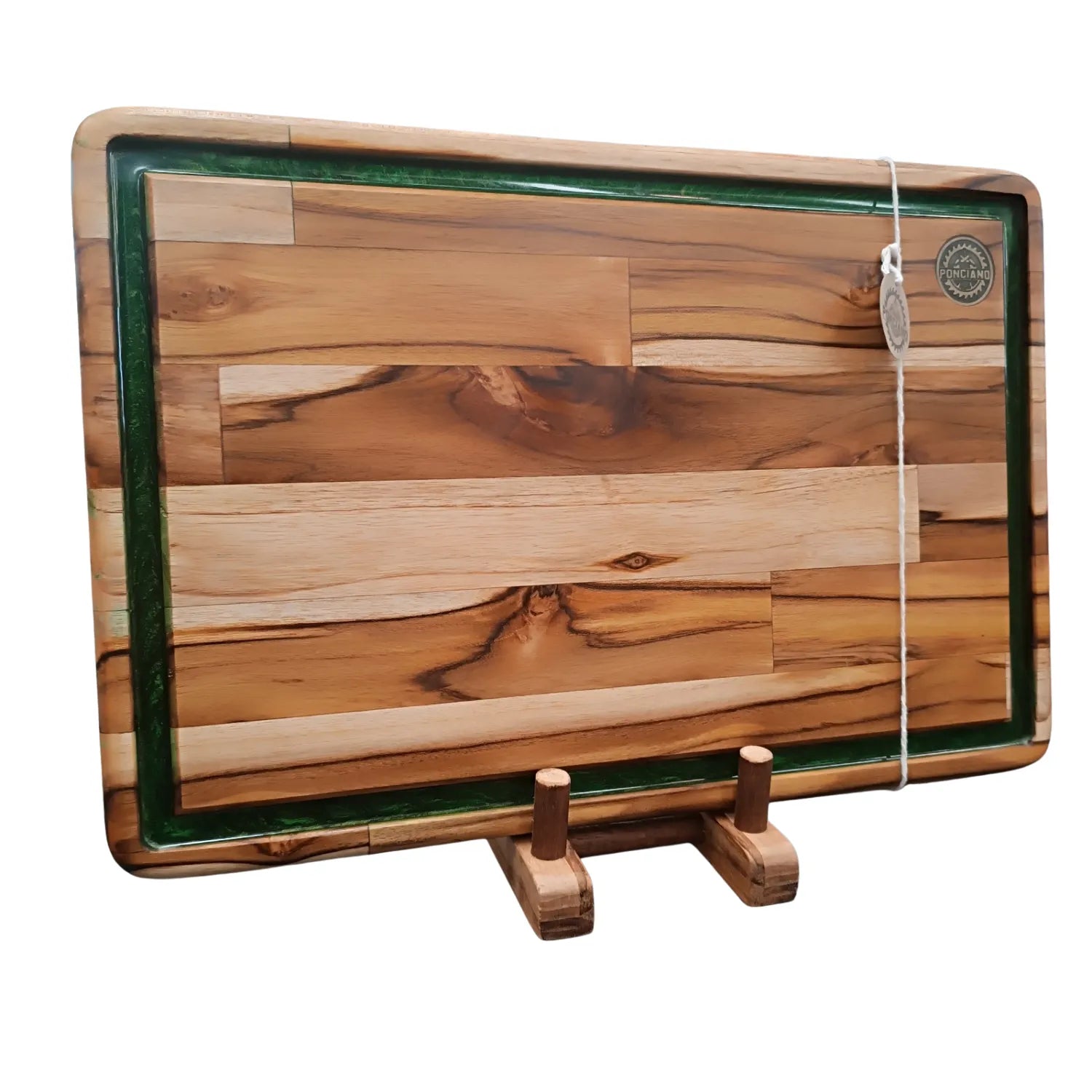 Tábua de churrasco Texas, canaleta resina verde, pés de silicone, Teca, Ponciano.