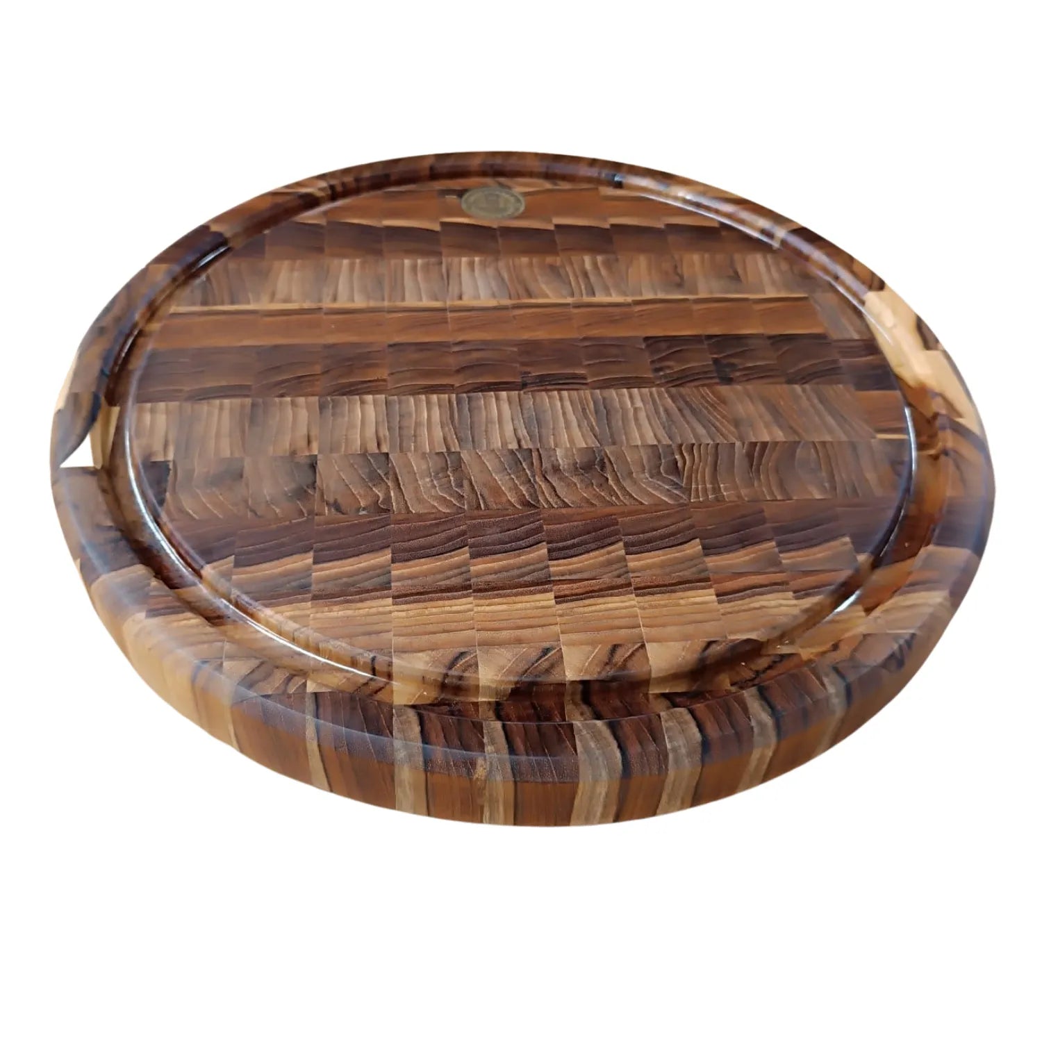 Tábua Redonda End Grain, visão frontal, canaleta resinada, Teca, Ponciano.