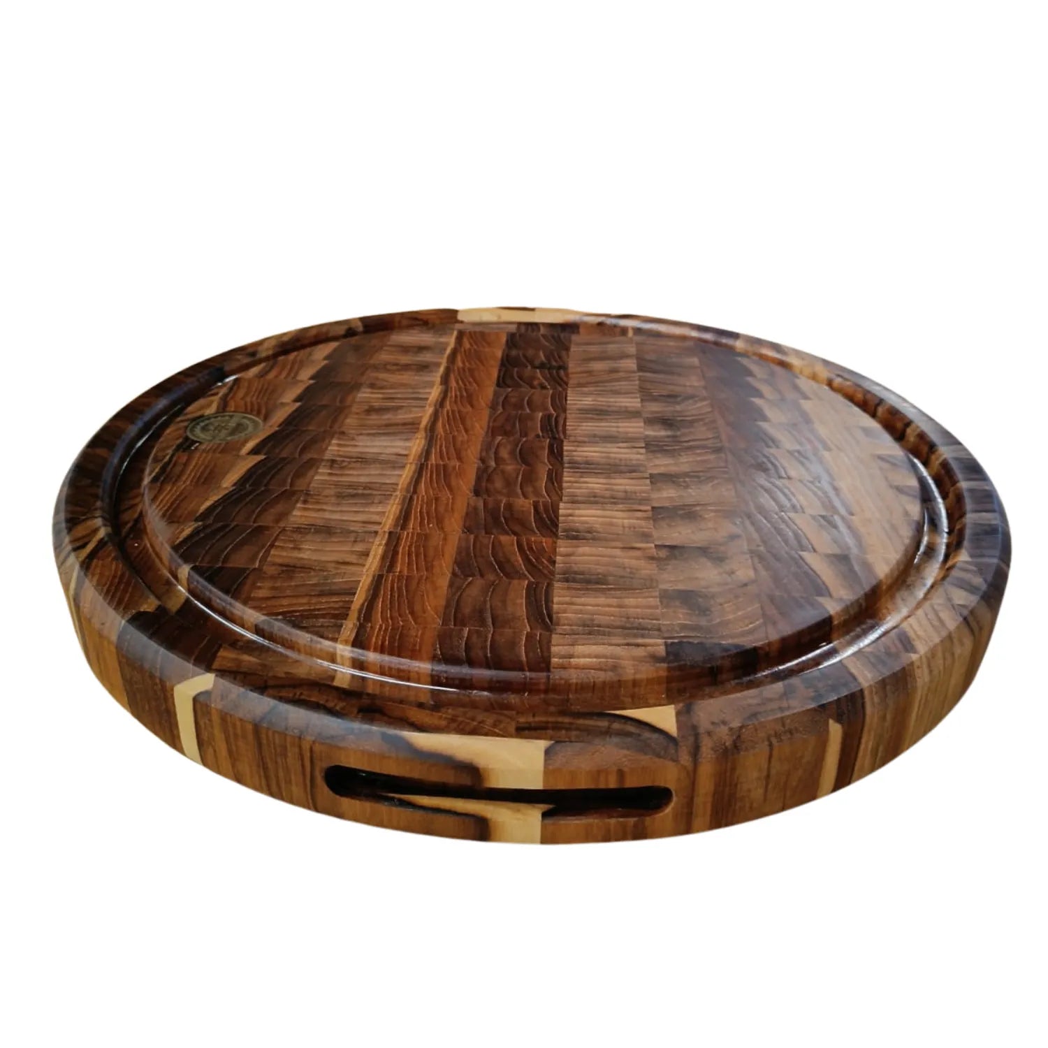 Tábua Redonda End Grain, visão frontal, canaleta resinada, pegador, Teca, Ponciano.