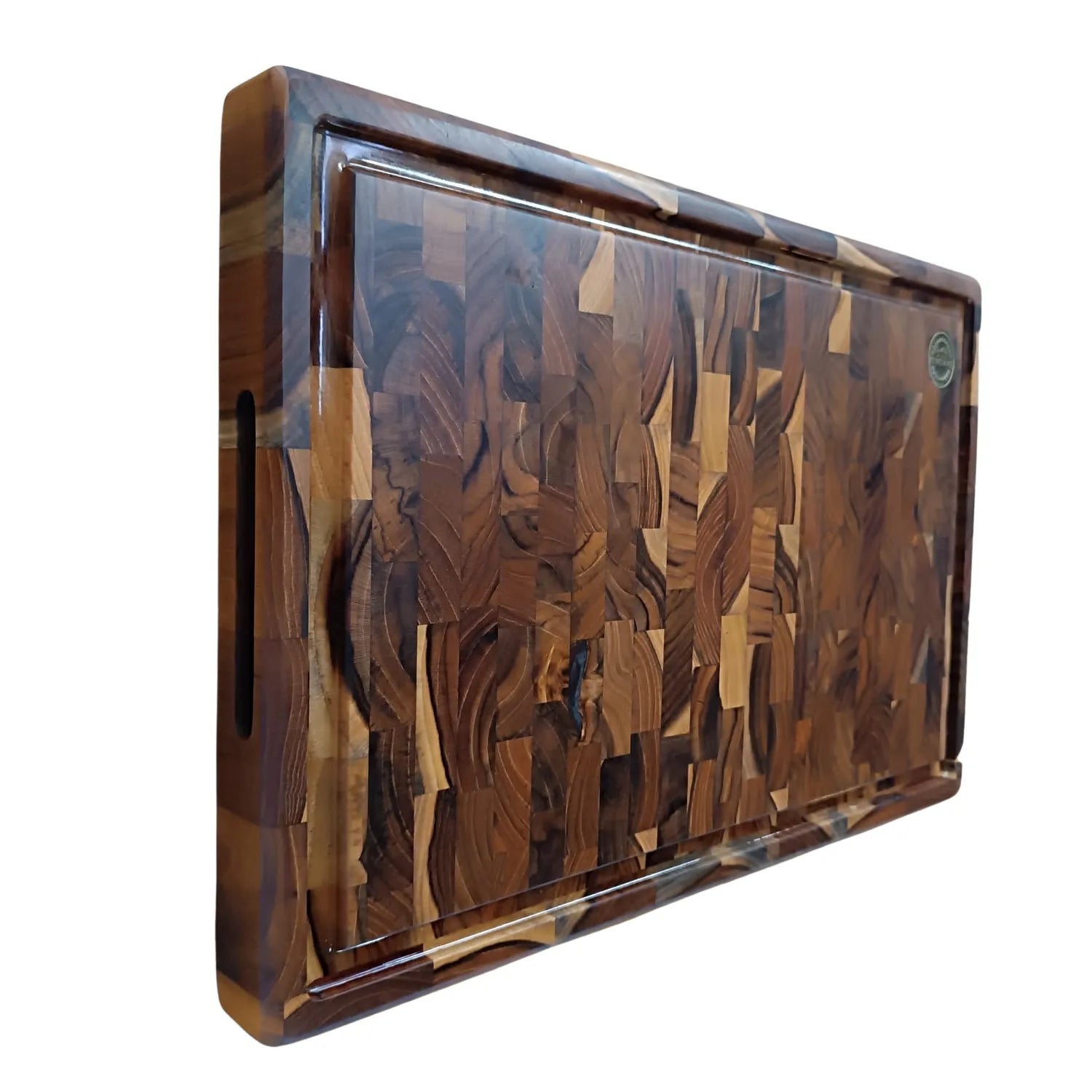 Tábua Retangular End Grain, canaleta resinada, pegador lateral, Premium, Teca, Ponciano.